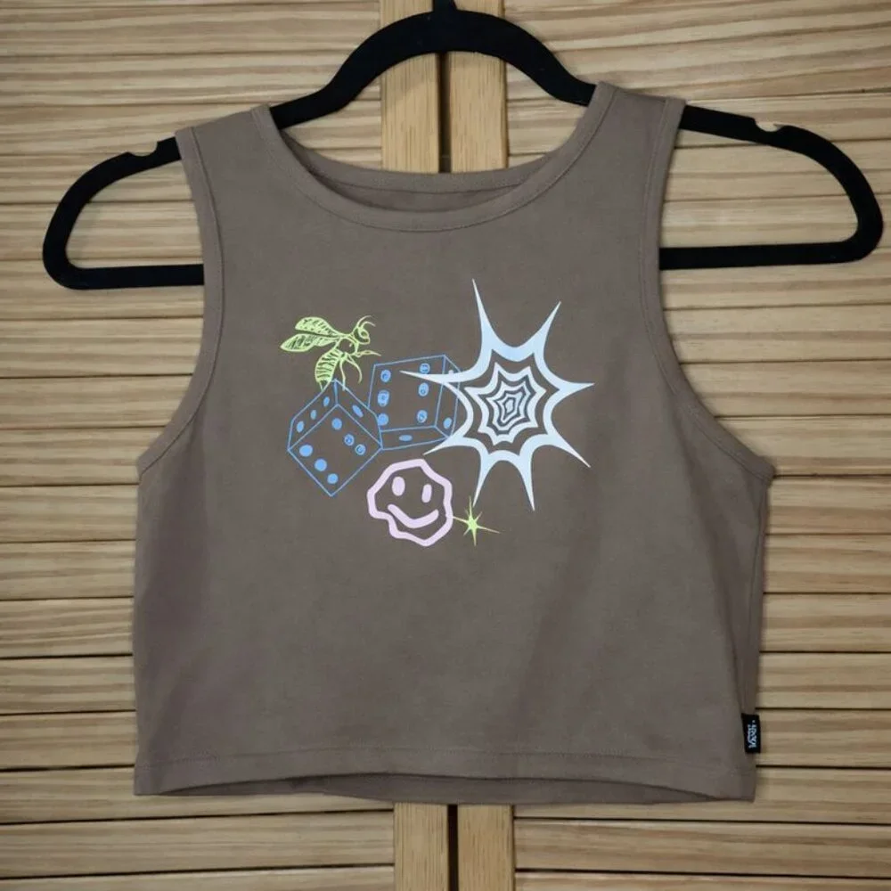 Van's Brown Cropped Tank Top with Cute Graphics, Size Medium - Picture 3 of 7